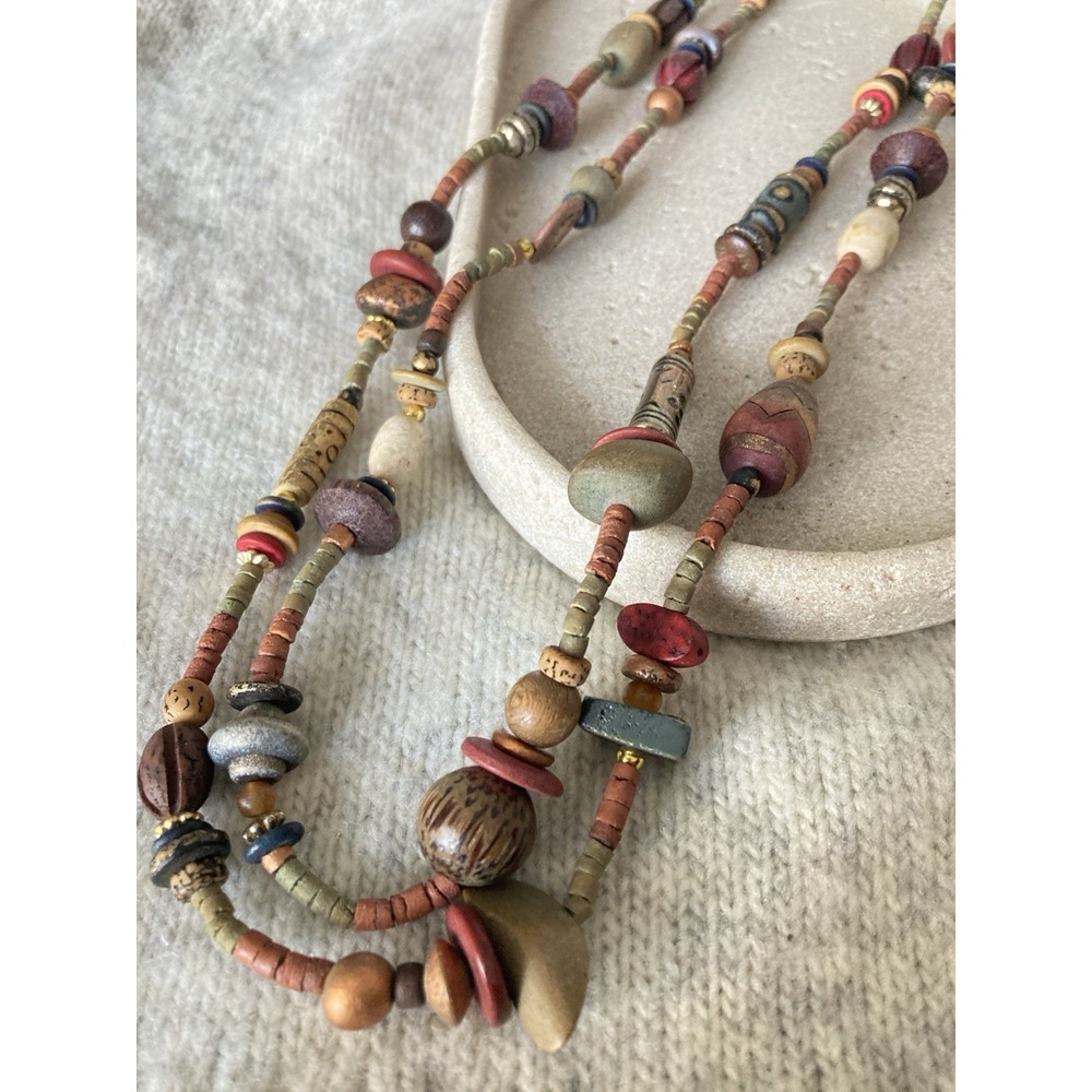 Boho Multi Strand Beaded Necklace Wood Painted Earth Tone Tribal Style Artsy